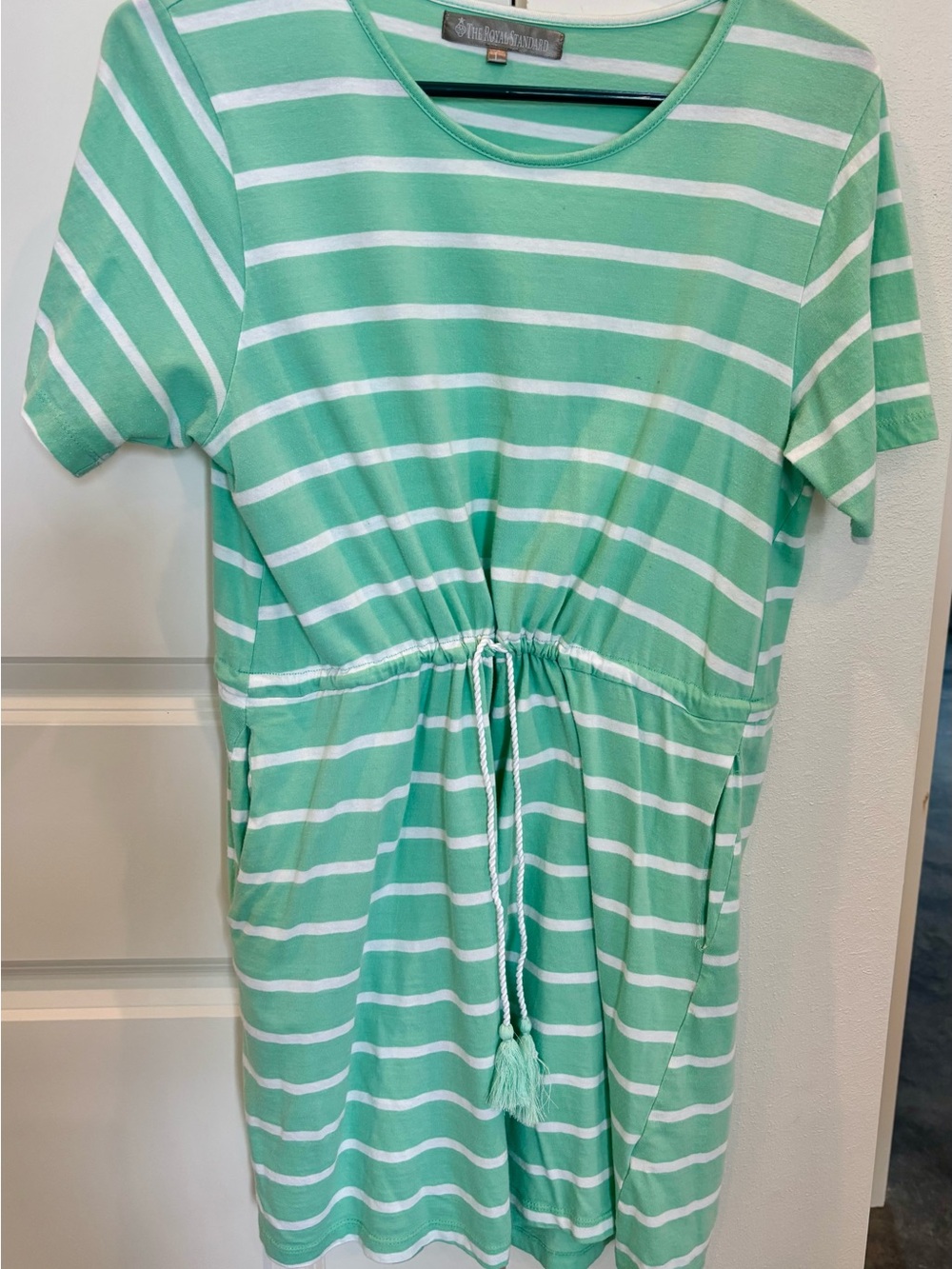 Striped Mint Green Drawstring Waist Women's Dress